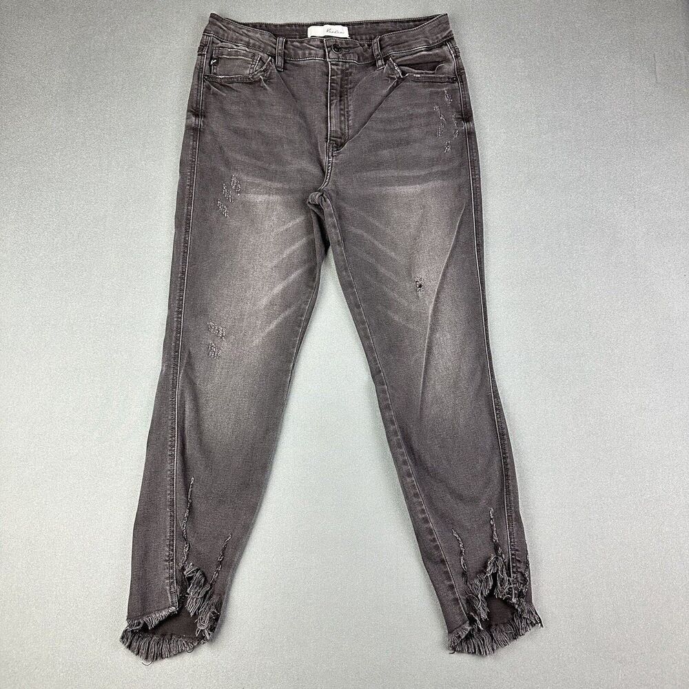 KanCan Zoey Mid Rise Skinny Jeans Womens 13 30 Faded Black Distressed Raw Hem